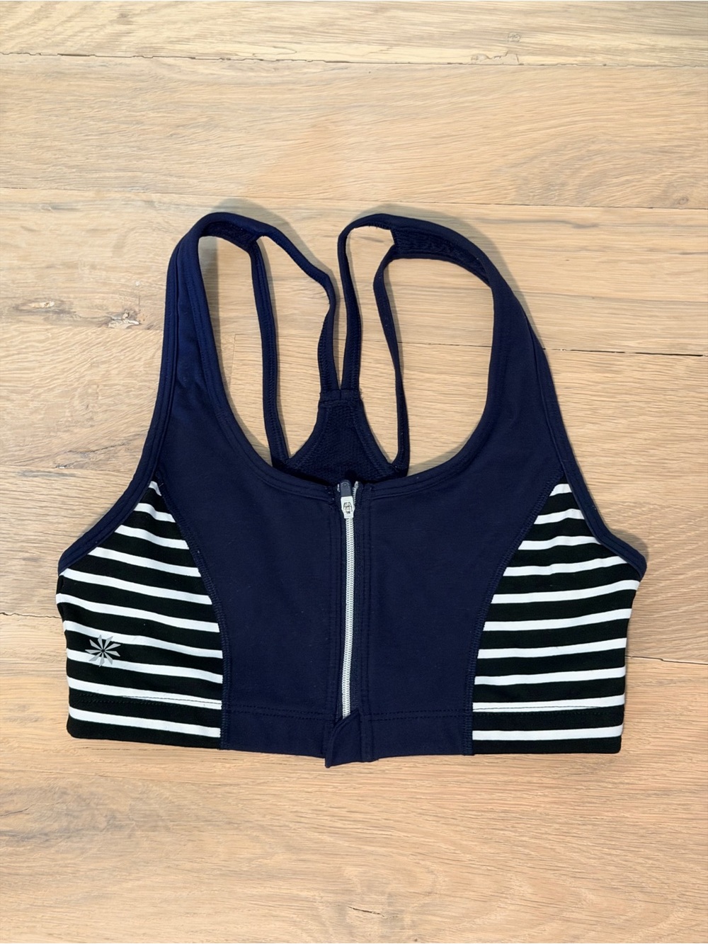 Athleta Navy Zip-Front Striped Sports Bra
